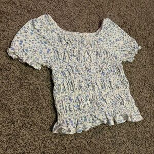 Self Esteem White Crop Top with Blue Floral Print